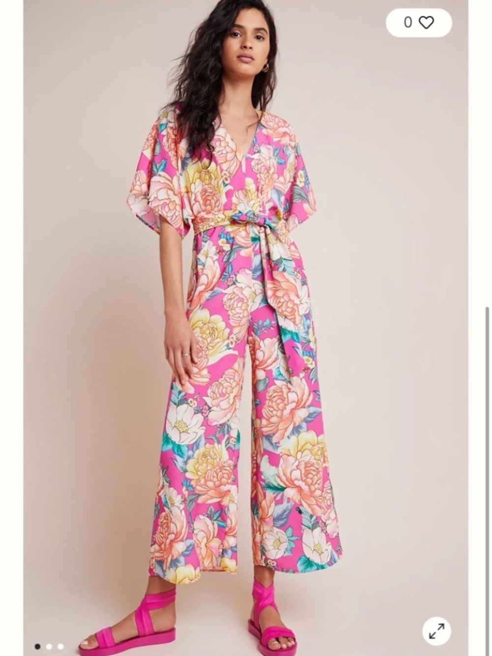 Anthropologie FARM Rio Eulalie Floral Wide Leg Jumpsuit, Peony Print, V-Neck